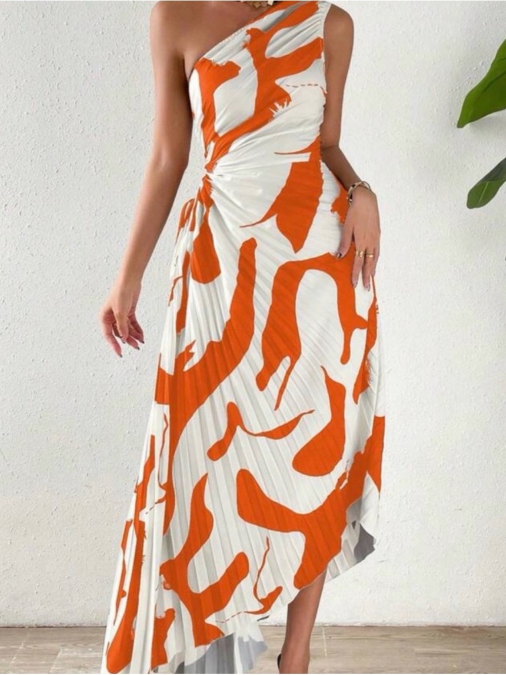 SHEIN Orange White Abstract Print One Shoulder Pleated Asymmetric Midi Dress L